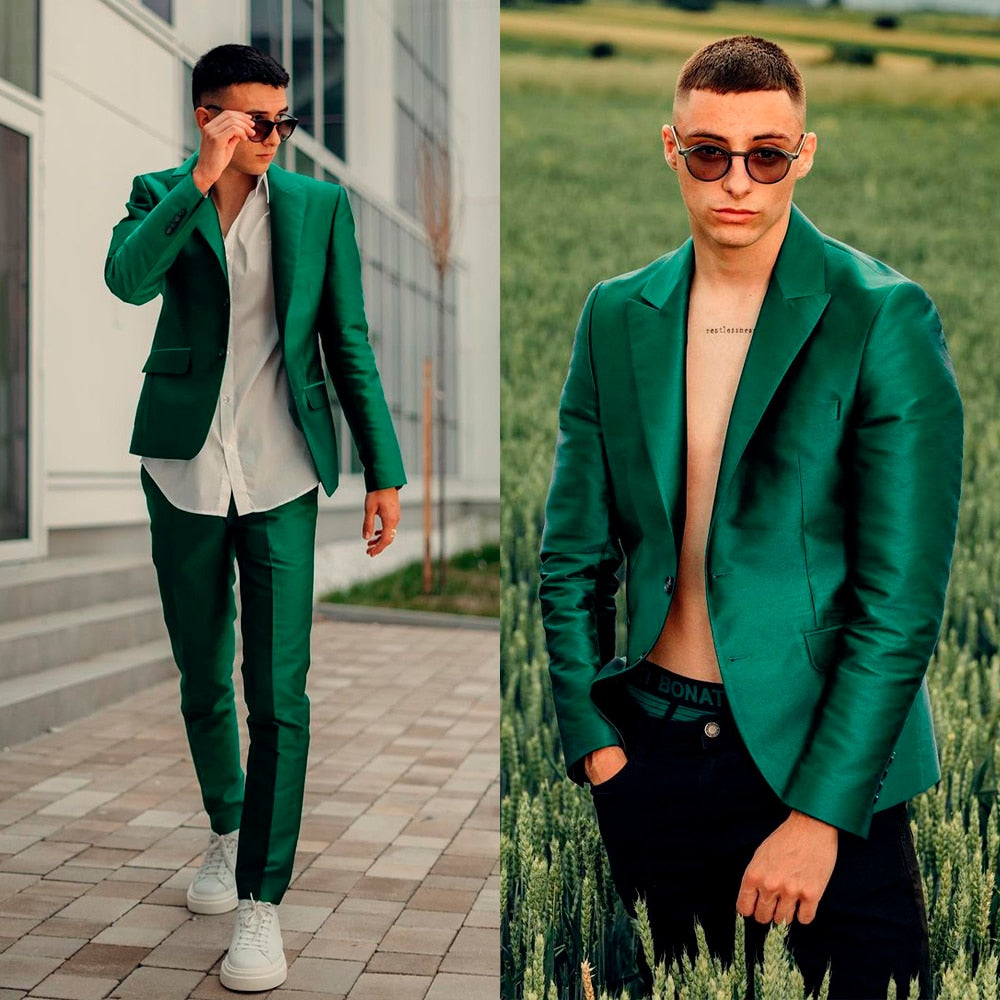 Green Men Suit Tailor-Made 2 Pieces Modern One Button Blazer Pants Satin Wedding Groom Business Causal Prom Tailored