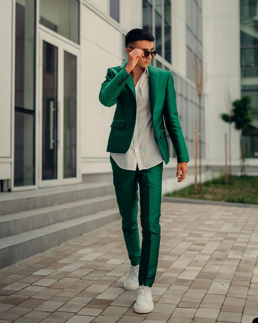 Green Men Suit Tailor-Made 2 Pieces Modern One Button Blazer Pants Satin Wedding Groom Business Causal Prom Tailored