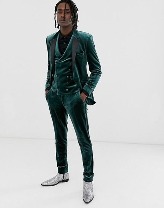 Green Velvet Groom Tuxedos for Wedding With Black Peak Lapel Men Suits 3 Pieces Best Blazer ( Jacket+Pants+Vest )