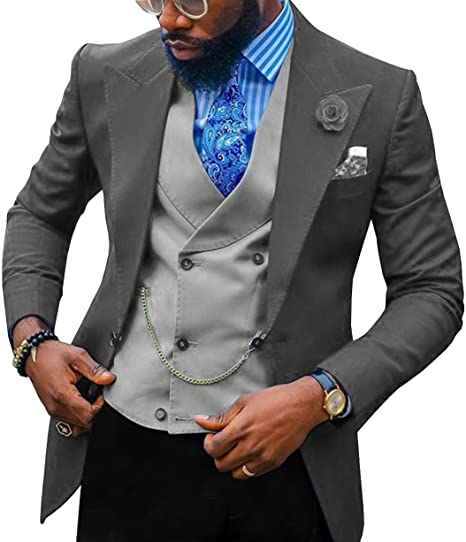 Grey Men 3 Pieces Suits Formal Slim Fit Peak Lapel Tuxedos Wedding Groom Prom Terno (Blazer+Vest+Pant)