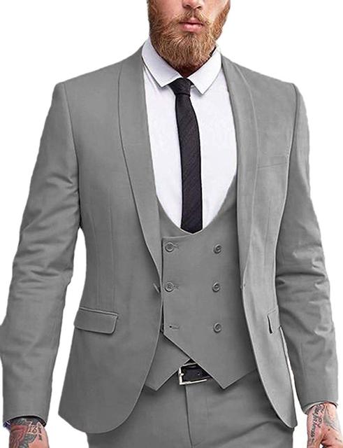 Grey Shawl Lapel Men Suits Costume Homme Slim Fit 3 Pcs Double Breasted Vest Tuxedos Groom Wedding Prom Blazer