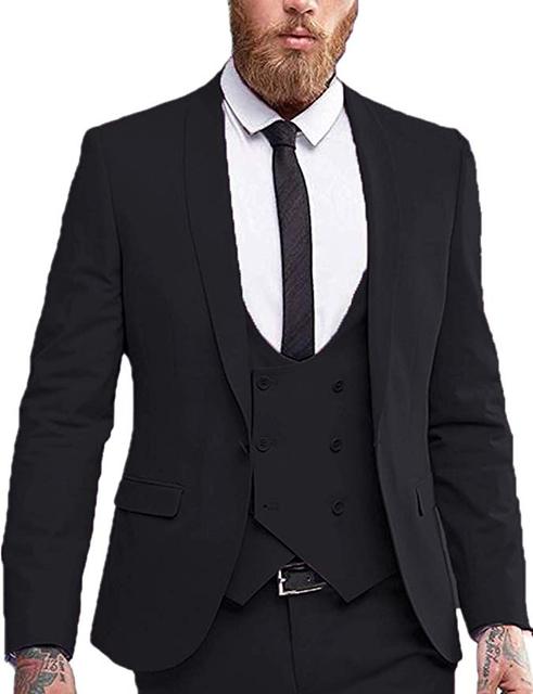 Grey Shawl Lapel Men Suits Costume Homme Slim Fit 3 Pcs Double Breasted Vest Tuxedos Groom Wedding Prom Blazer