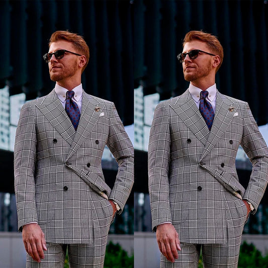 Grey Stripe Classic Men Suits With Double-Breasted Two Pieces Jacket Pants Custom Made Wedding Formal Occasiom