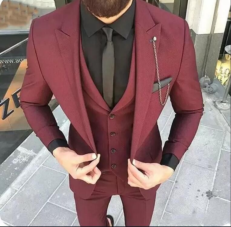 Smoking de marié bordeaux, costume de mariage à revers crantés, blazer de bal d'affaires (veste + pantalon + gilet) 