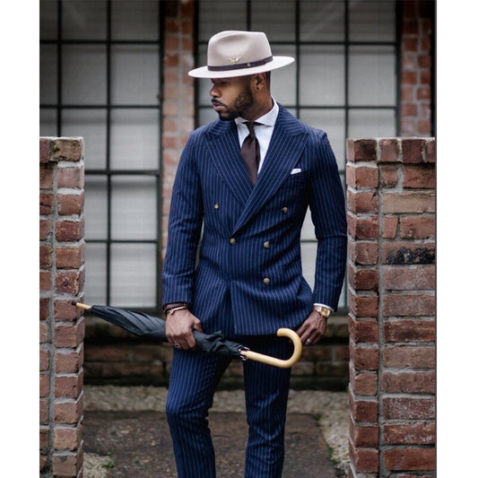 Groom Wear Slim Navy Blue Striped Suits  Wedding Dress Prom Dress Business Suits Party Suits 2 Piece(Jacket+Pants)