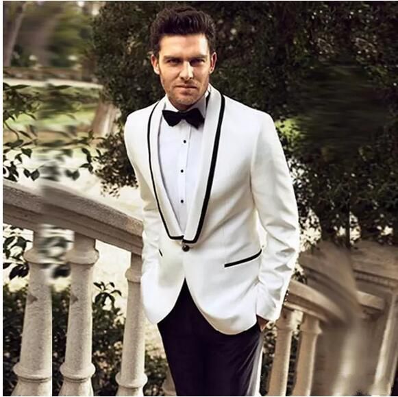 Men's White 2-Piece Tuxedo Suit for Groomsman Wedding & Dinner (Jacket, Pants)