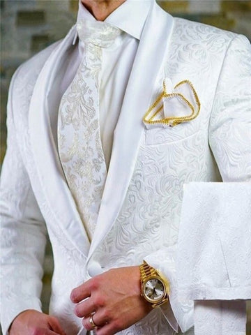 Groomsmen White Pattern Groom Tuxedos Shawl Satin Lapel Men Suits 2 Pieces Wedding Bridegroom