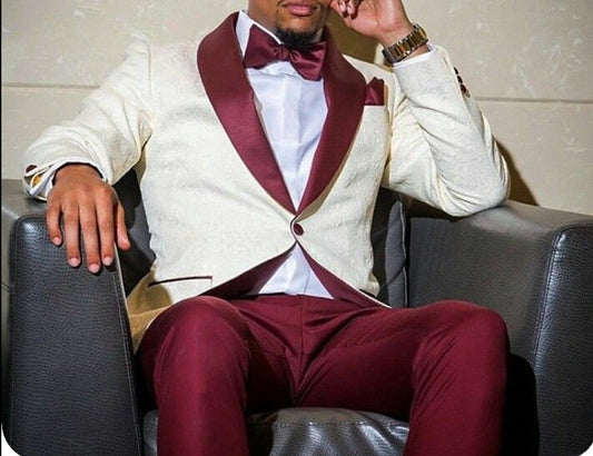 Custom Made Men Suits Ivory Jacquard Blazer Burgundy Lapel Groom Tuxedos Slim Fit Men Wedding Prom Party Suit (Jacket+Pants)
