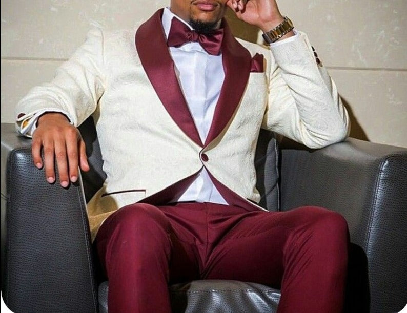 Costumes sur mesure pour hommes, blazer jacquard ivoire, smoking de marié à revers bordeaux, coupe slim, costume de bal de mariage pour hommes (veste + pantalon)