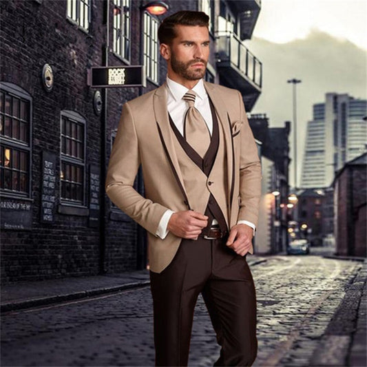 Classic Beige Brown Men Suits Set Groomsmen Groom Wedding Tuxedos Custom Made Costumes Hommes Formal Party Suit