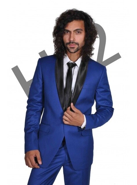 Trajes de hombre azul real para boda, 2 piezas (chaqueta, pantalón y corbata), solapa chal negra, corte entallado, blazer y pantalón para novio. 