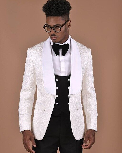 Costume 3 pièces pour homme, motif blanc avec gilet croisé noir, smoking de marié, costume de mariage pour homme