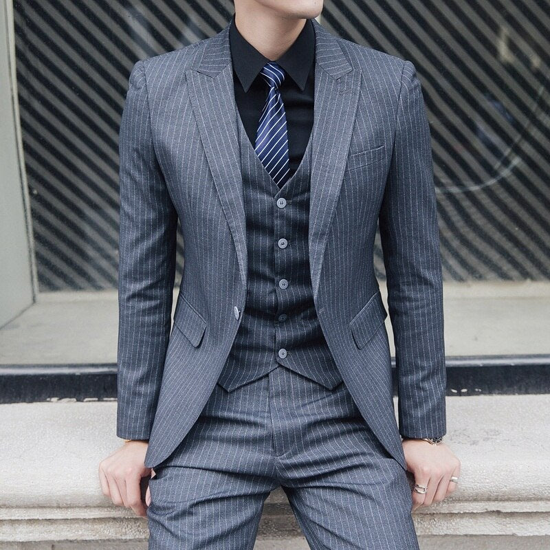 Striped Suit Men'S 3 Pieces Slim Fitted Business Style Costumes Wedding Groom Tuxedo Formal Clothing(Jacket+Pants+Vest)