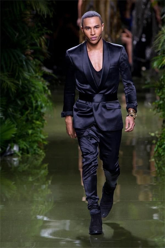 2-Piece Black Men Suits Silk Satin With Belt Business Best Man Peaked Lapel Blazer Suit