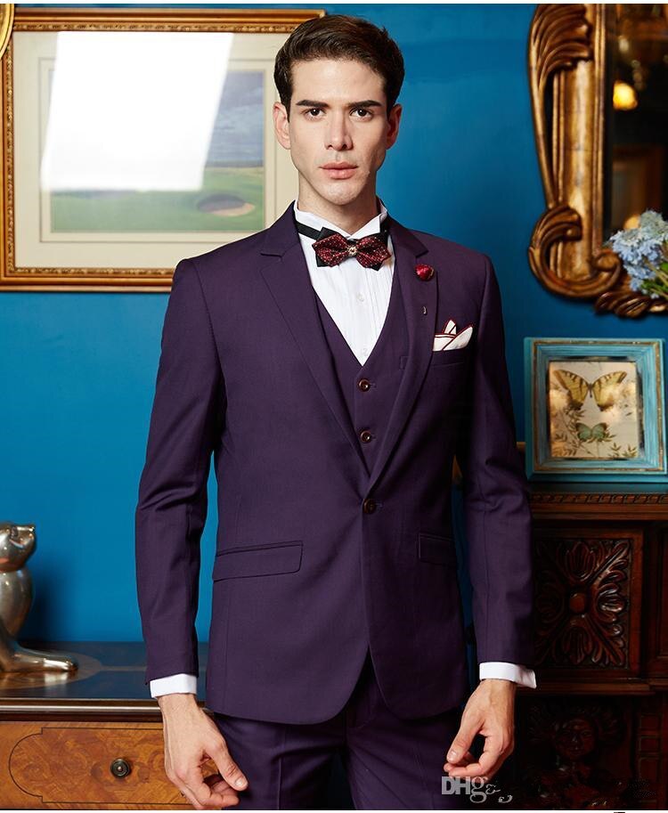 New Purple Men Suit Wedding Tuxedos Groom dress Notch Lapel One Button Men Blazer Terno  3 Pcs(Jacket+Pants+Vest)