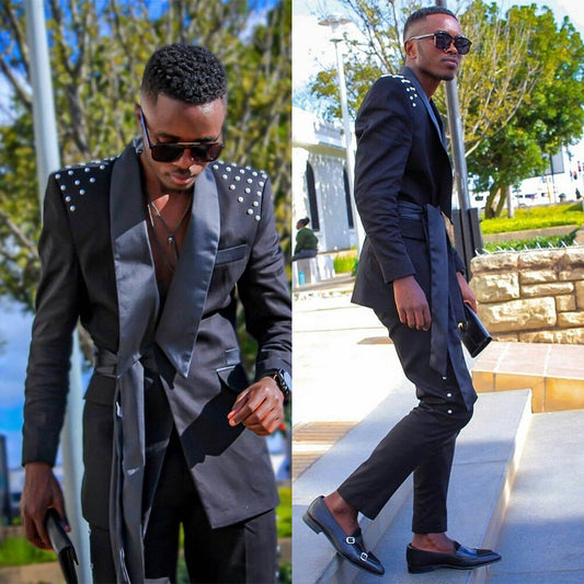 Ensemble de costumes pour hommes Black Pearl, smoking de mariage, blazer à revers châle avec ceinture et pantalon, sur mesure, tenue décontractée de bal, 2 pièces 