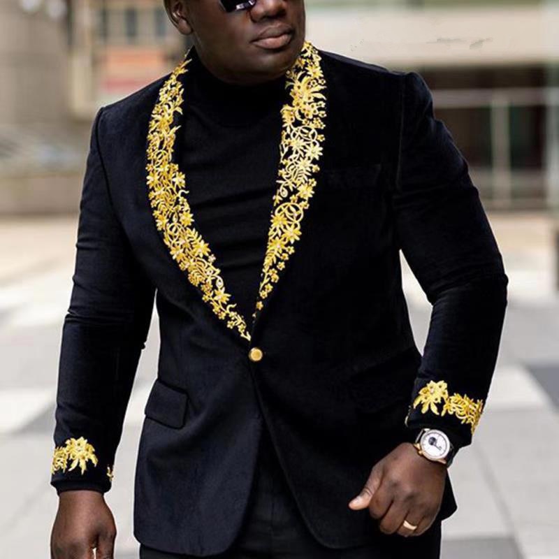 Veste de smoking en velours noir avec appliques dorées pour homme, costume 2 pièces pour mariage, coupe cintrée, robe de soirée