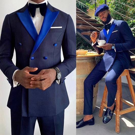 Men Suits Royal Blue And Navy Blue Custom Made Wedding Tuxedos 2 Pieces Double Breasted Party Prom Jacket Pant Sets