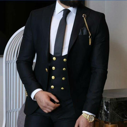 Costume de mariage noir pour homme, smoking 3 pièces (veste + pantalon + gilet), costume de bureau, costume de bal, costume pour homme avec boutons dorés 