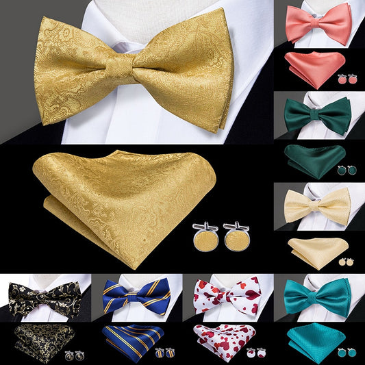 Classic Black Bow Ties Men 100% Silk Butterfly Pre-Tied Bow Tie Pocket Square Cufflinks Suit Set Floral Gold Bowties