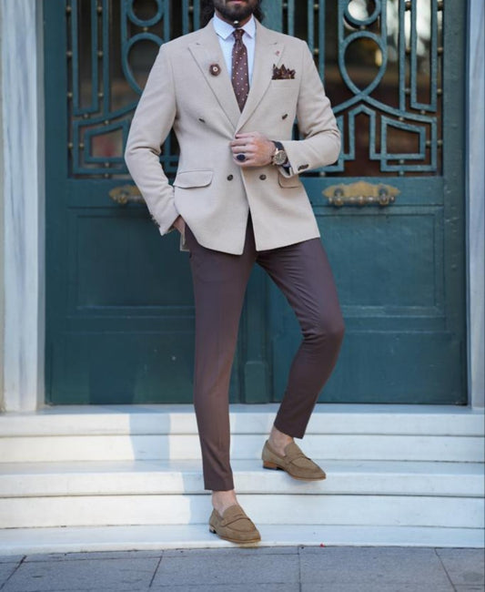 Wool Men's Suits Peak Lapel Double Breasted Slim Fit For Wedding 2-Peices Jacket+Pants Custom Made Trajes De Hombre