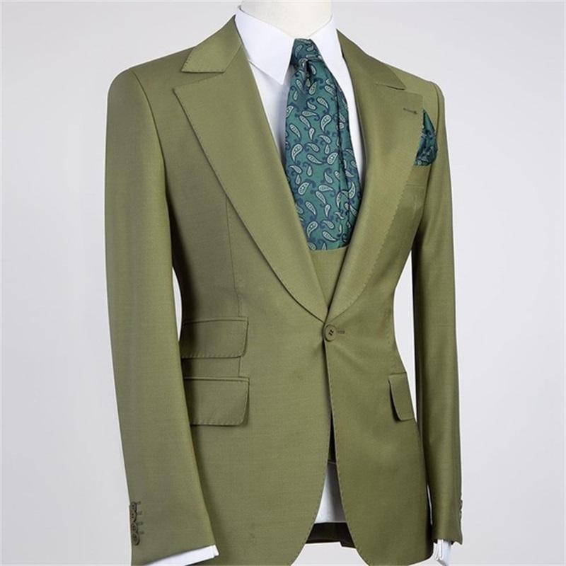 Costume 3 pièces vert à revers pointu et un bouton pour homme, costume de marié, blazer slim fit 