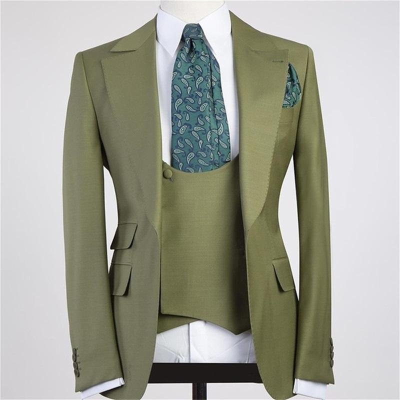 Costume 3 pièces vert à revers pointu et un bouton pour homme, costume de marié, blazer slim fit 