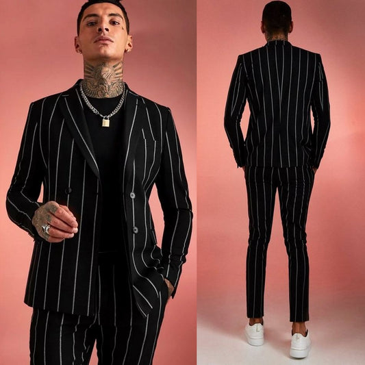 Black Stripe Men Wedding Tuxedos 2 Pieces Peaked Lapel Two Button Groom Wear Prom Party Blazer Jacket (Jacket+Pants)