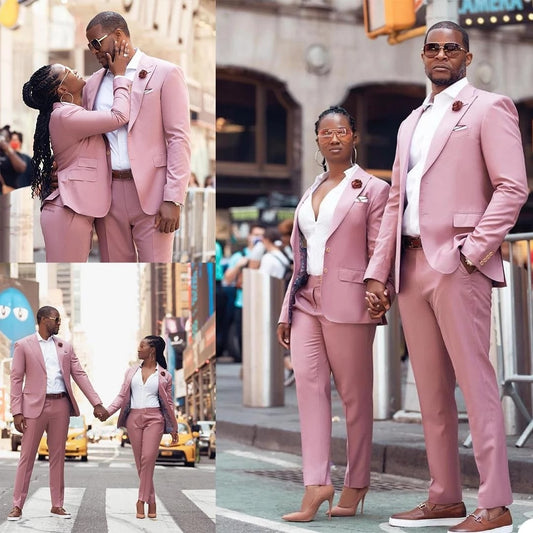 Couples British Pink Costume Homme Men Suits 2 Pcs Groomsmen Wedding Tuxedos Slim Fit Prom (Jacket+Pants)