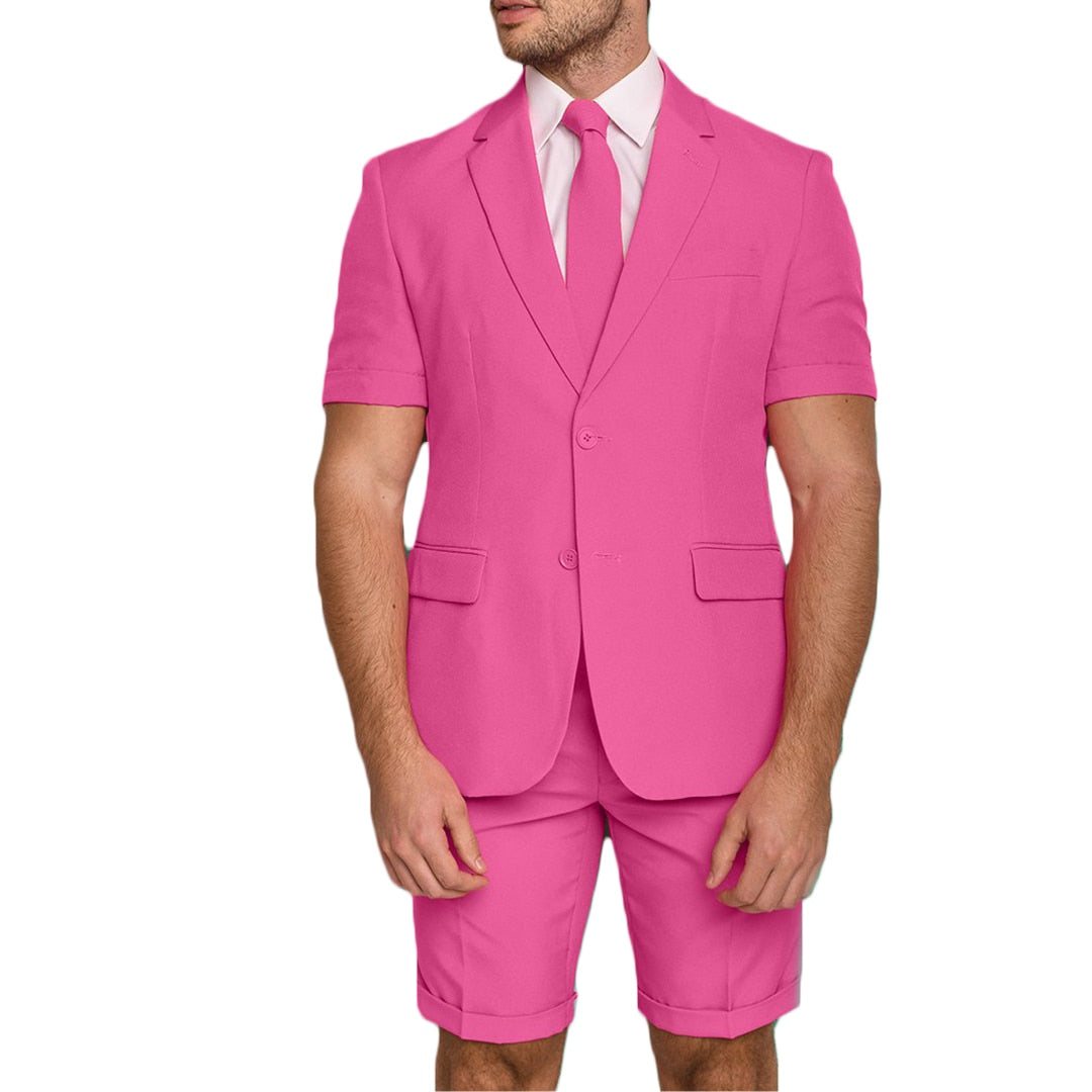 Hot Pink Short Men Tuxedos Summer Beach Groom Best Men Wear Wedding Blazer Trousers Suits Business Prom Party (Jacket+Pants)