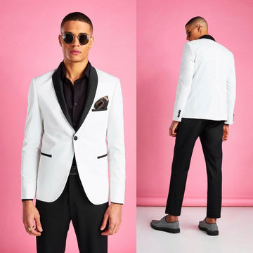 White Men Wedding Tuxedos 2 Pieces Shawl Lapel One Button Groom Wear Prom Party Blazer Jacket (Jacket+Pants)