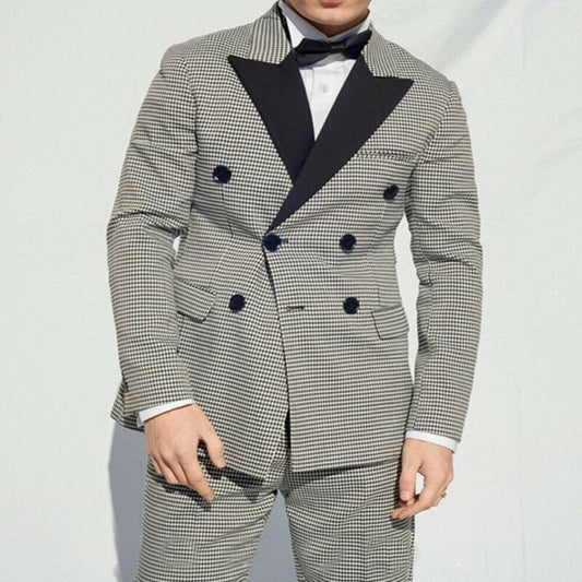 Houndstooth Men Suits Casual Peak Lapel Blazer 2 Piece Prom Party Double-Breasted Tuxedo Costume Homme Custom Made