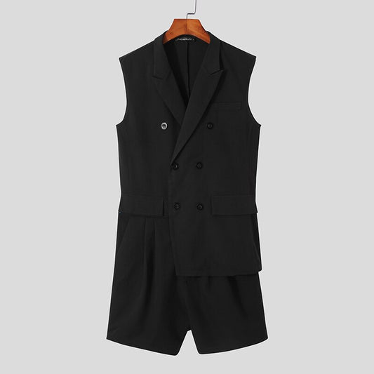 Men Rompers Solid Lapel Sleeveless Double Breasted Streetwear Casual Jumpsuits