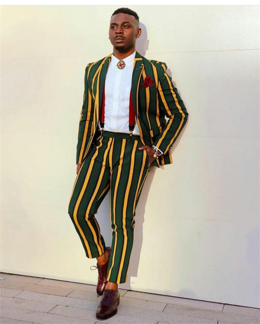 Yellow Rope Stripe Suits 3 Pieces Groom Best Man Pants Suit Business Wedding Blazer (Jacket+Vest +Pants)