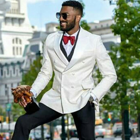 Ivory Double Breasted Men Suits for Wedding Slim Fit  Bridegroom Tuxedo Formal Prom Custom Blazer 3 Piece Jacket Vest with Pants