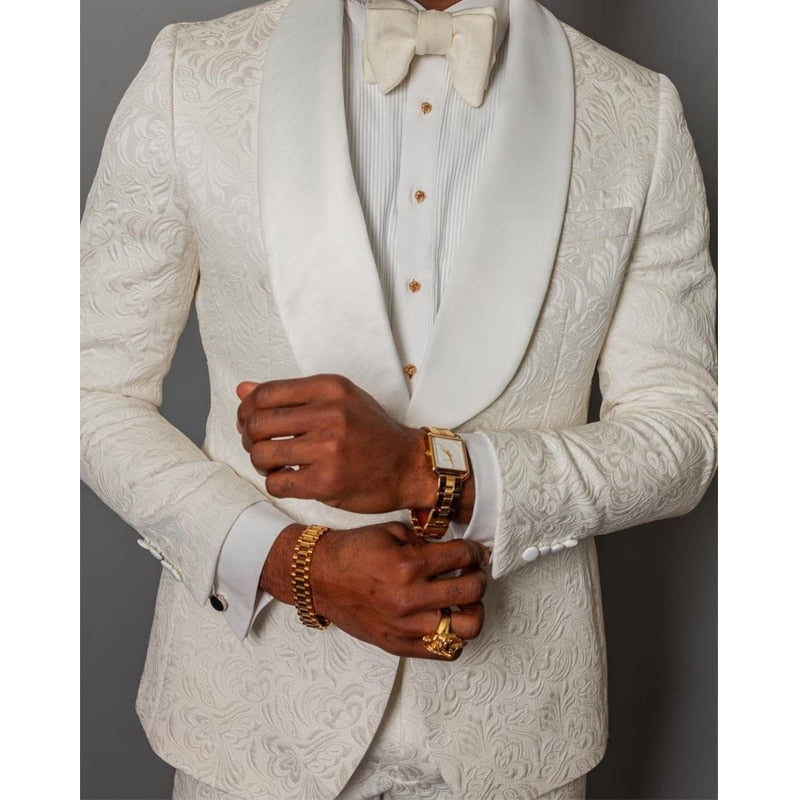 Ivory Floral Jacquard Wedding Tuxedo for Groomsmen 2 piece Slim fit Men Suits with Shawl Lapel African Costume
