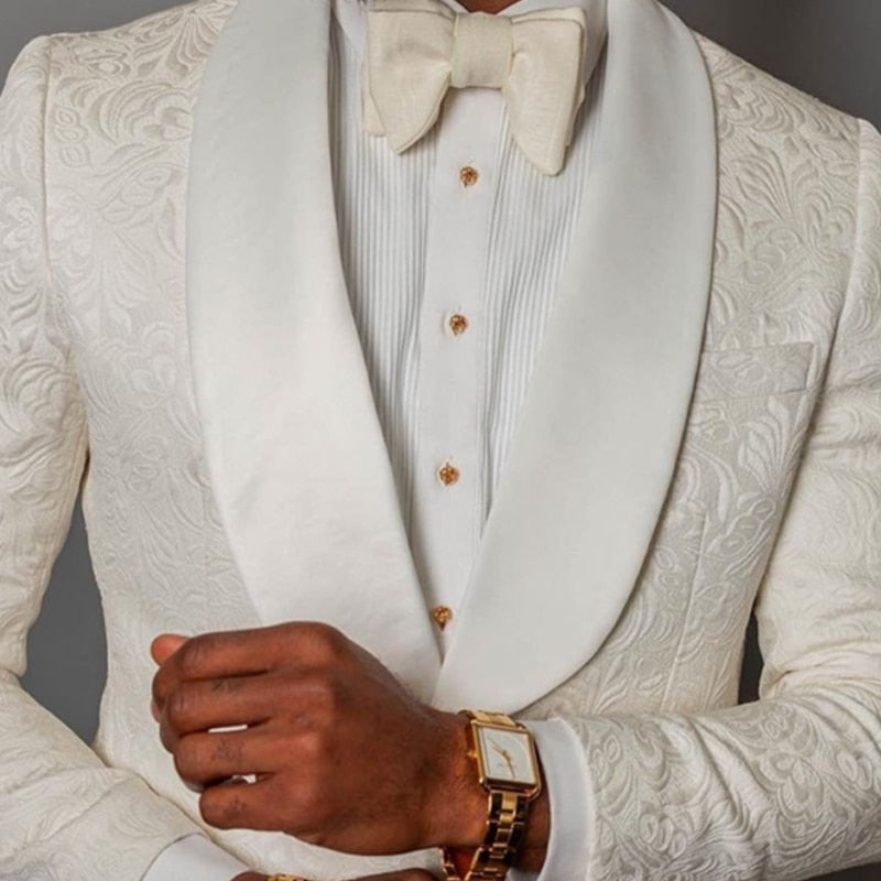 Esmoquin de boda de jacquard floral color marfil para padrinos de boda, trajes de 2 piezas de corte entallado para hombre con solapa chal, traje africano