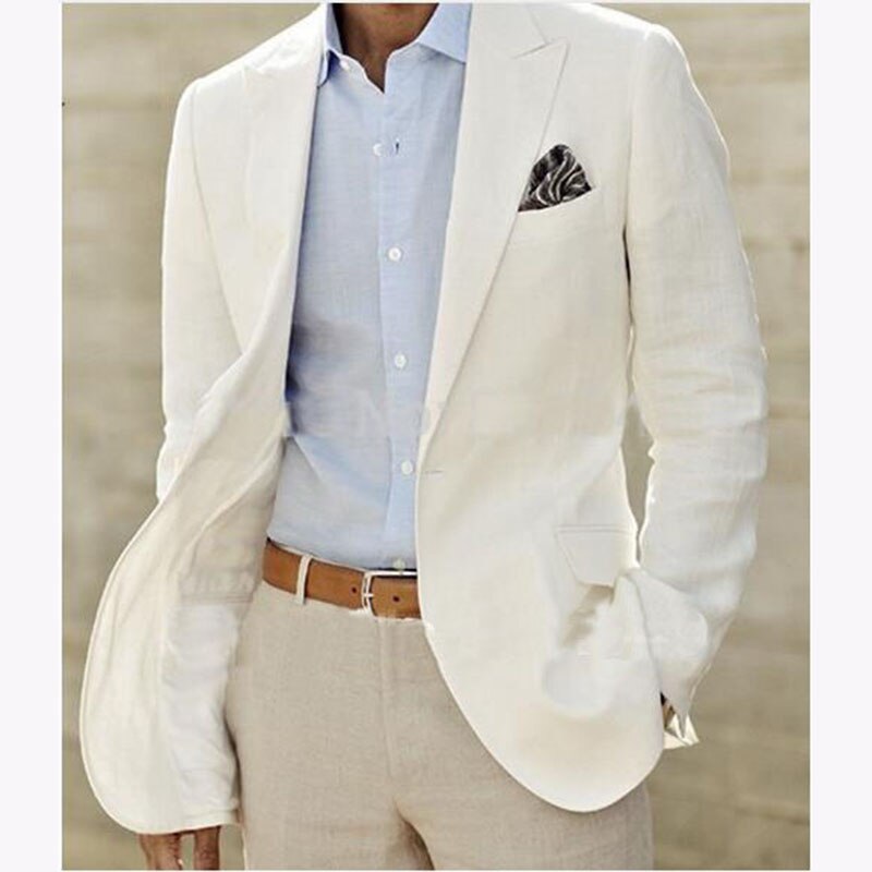 Men's White Linen Tuxedo Suit for Wedding & Groom (Blazer, Pants)