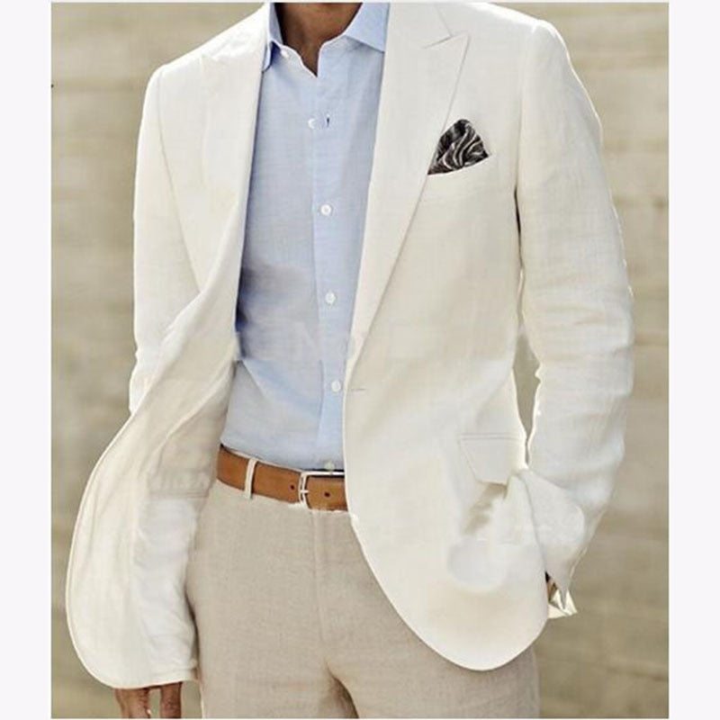 Men's White Linen Tuxedo Suit for Wedding & Groom (Blazer, Pants)