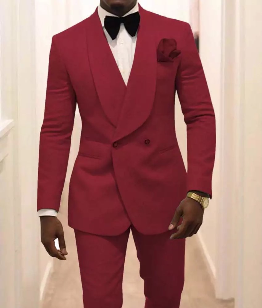 Men's Suit Burgundy Jacquard Formal 2 Pieces Slim Fit Double Breasted Prom Tuxedos Wedding Suits Blazer Pants