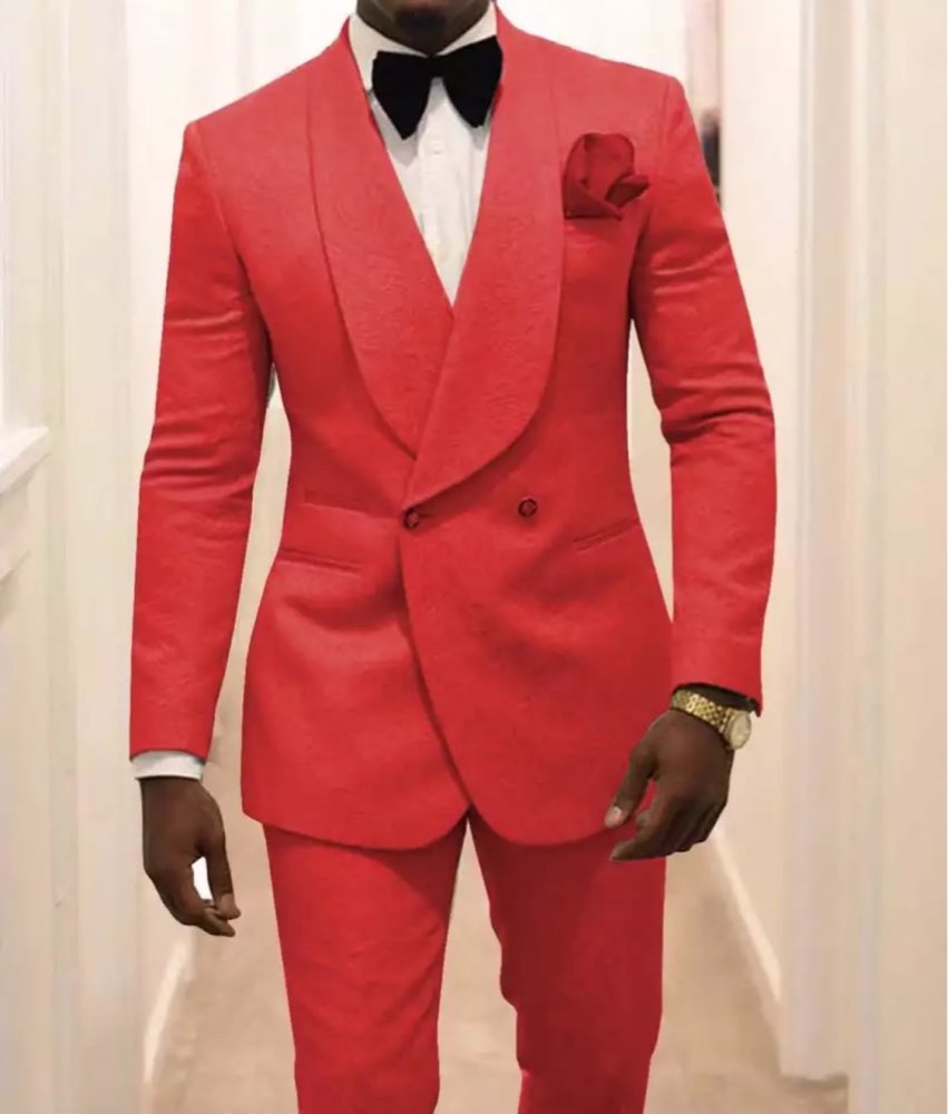 Men's Suit Burgundy Jacquard Formal 2 Pieces Slim Fit Double Breasted Prom Tuxedos Wedding Suits Blazer Pants