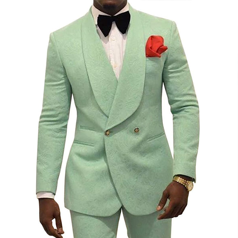 Men's Suit Burgundy Jacquard Formal 2 Pieces Slim Fit Double Breasted Prom Tuxedos Wedding Suits Blazer Pants