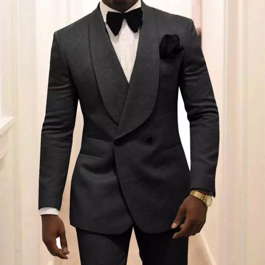 Men's Suit Burgundy Jacquard Formal 2 Pieces Slim Fit Double Breasted Prom Tuxedos Wedding Suits Blazer Pants