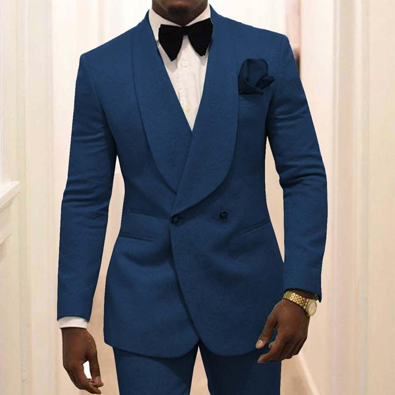 Men's Suit Burgundy Jacquard Formal 2 Pieces Slim Fit Double Breasted Prom Tuxedos Wedding Suits Blazer Pants