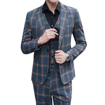 ( Jacket+Pant+Vest ) Luxury Plaid Slim Fit Suits men 3 Piece Set Business Blazer Formal Groom Wedding Tuxedo