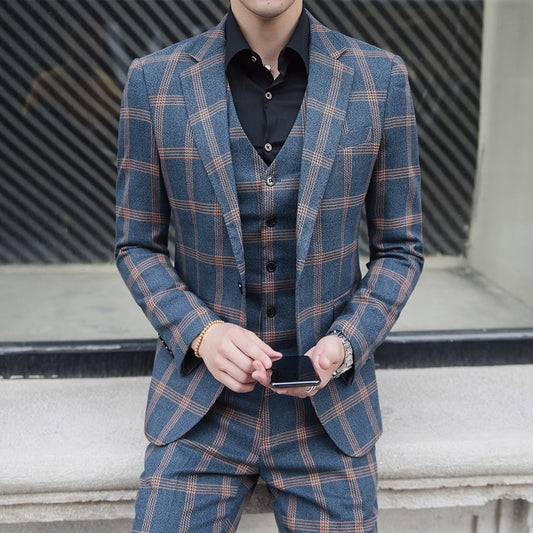 ( Jacket+Pant+Vest ) Luxury Plaid Slim Fit Suits men 3 Piece Set Business Blazer Formal Groom Wedding Tuxedo
