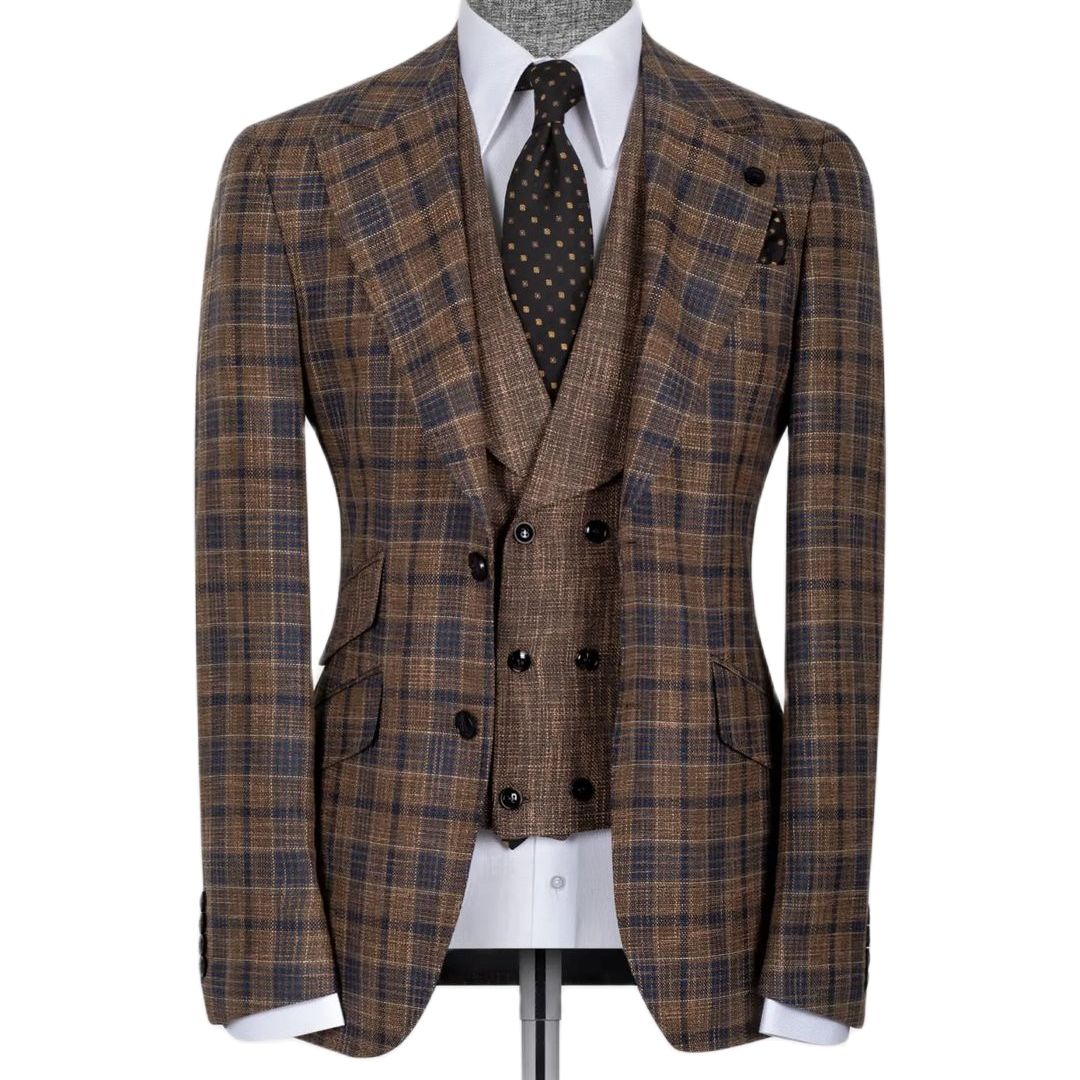 Jacket Sets Full Men's Suit Brown Plaid Wedding Suit Prom Dresses Slim Fit Blazer Custom Tuxedo 3Pc