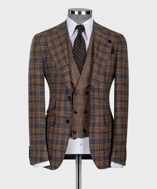 Jacket Sets Full Men's Suit Brown Plaid Wedding Suit Prom Dresses Slim Fit Blazer Custom Tuxedo 3Pc