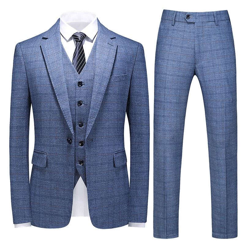(Jackets + Vest + Pant) Blue Plaid Tuxedo Groom Suits men Wedding Costume 3 Pieces Set Men's Formal Casual Suit Prom Wear