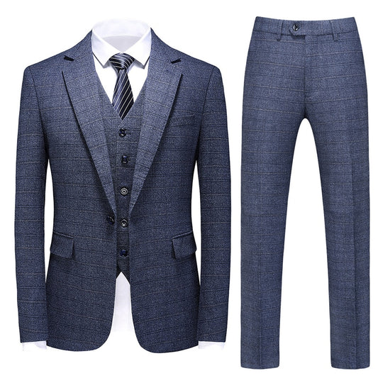 (Jackets + Vest + Pant) Blue Plaid Tuxedo Groom Suits men Wedding Costume 3 Pieces Set Men's Formal Casual Suit Prom Wear